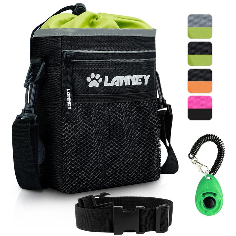 LANNEY Dog Treat Pouch Pet Training Bag for Small to Large Dogs, Treat Tote Carry Kibble Snacks Toys for Training Reward Walking, Metal Clip, Waist belt, Shoulder Strap, Poop Bag Dispenser, Black with Green - Image 1